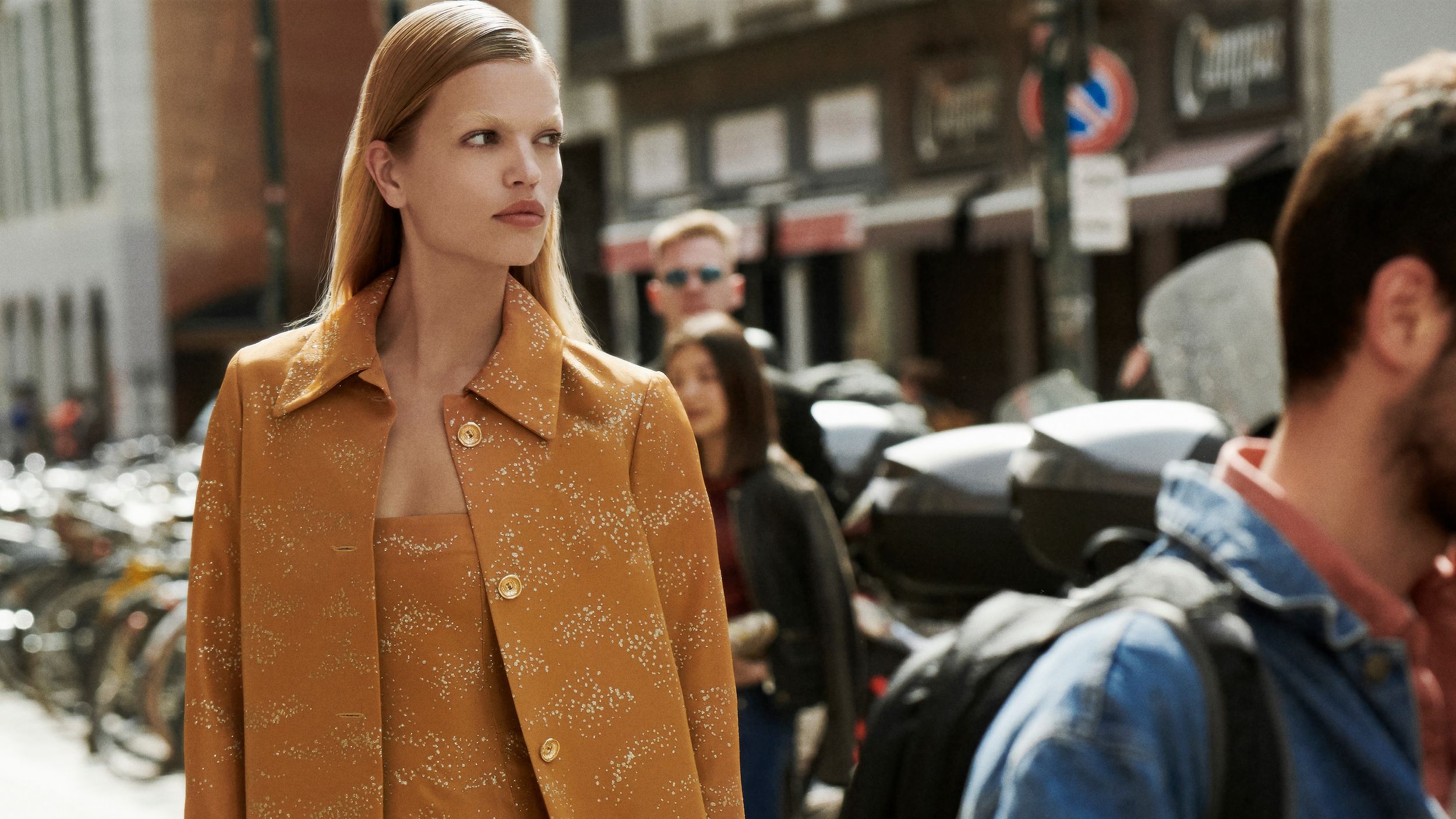 Model in streets of Milan wearing Yellow Tinsel Taffeta Coat and Mini Dress - Winter 2023 Part 2