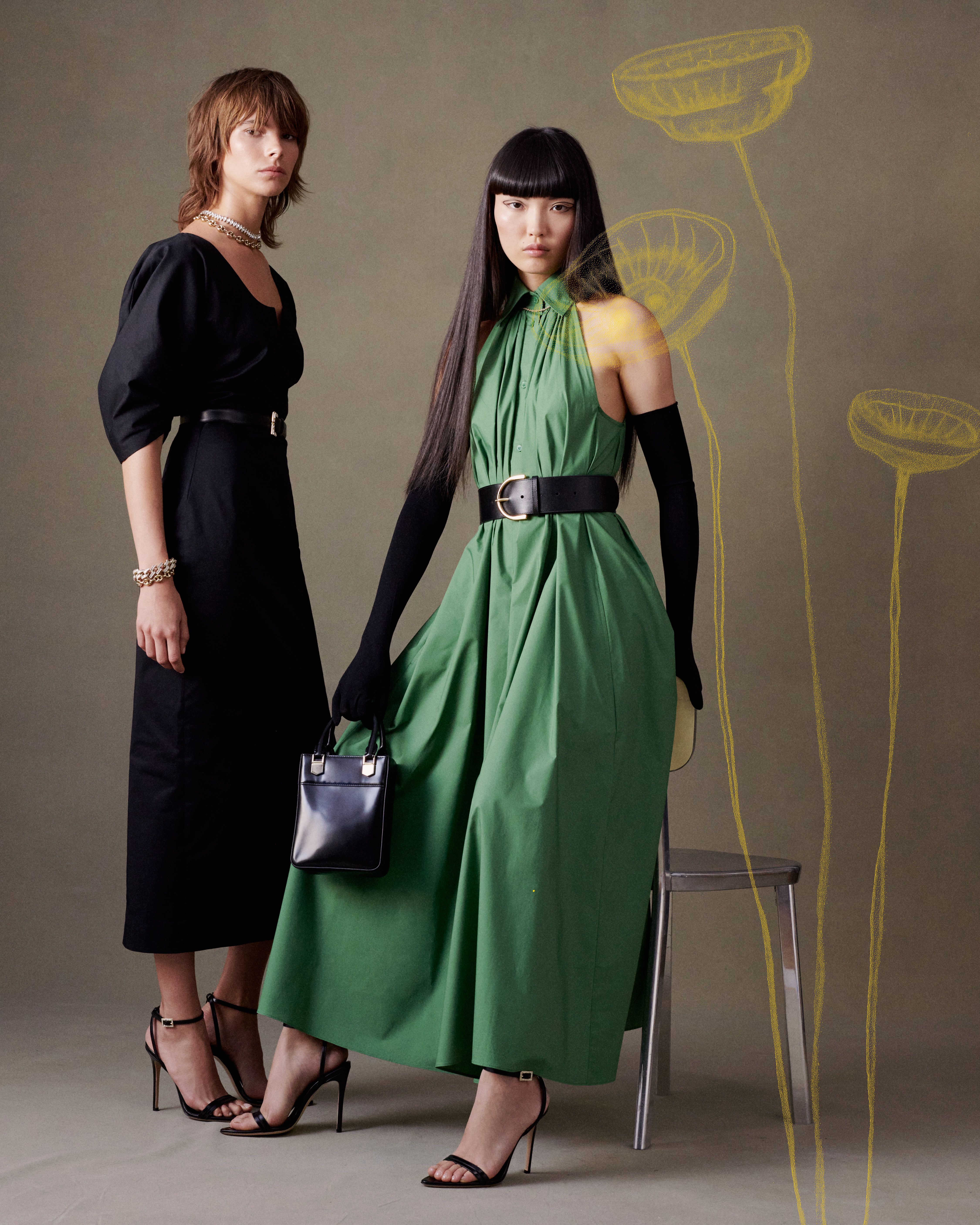 Two models posing wearing green and black full length dresses with yellow poppy illustrations overlaid on top