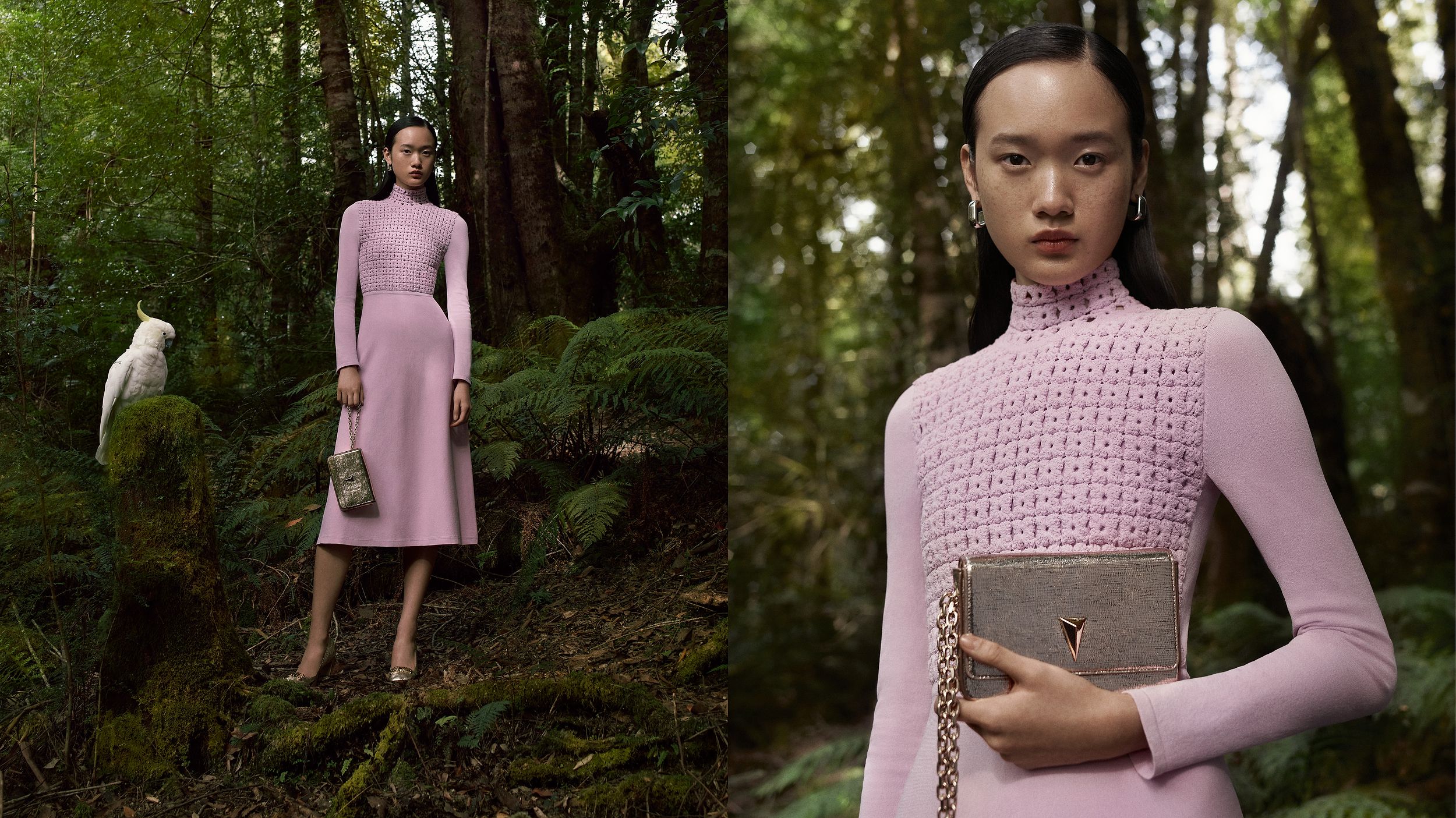 Venus He wearing a pink Crepe Knit long-sleeved dress in the forest with a cockatoo
