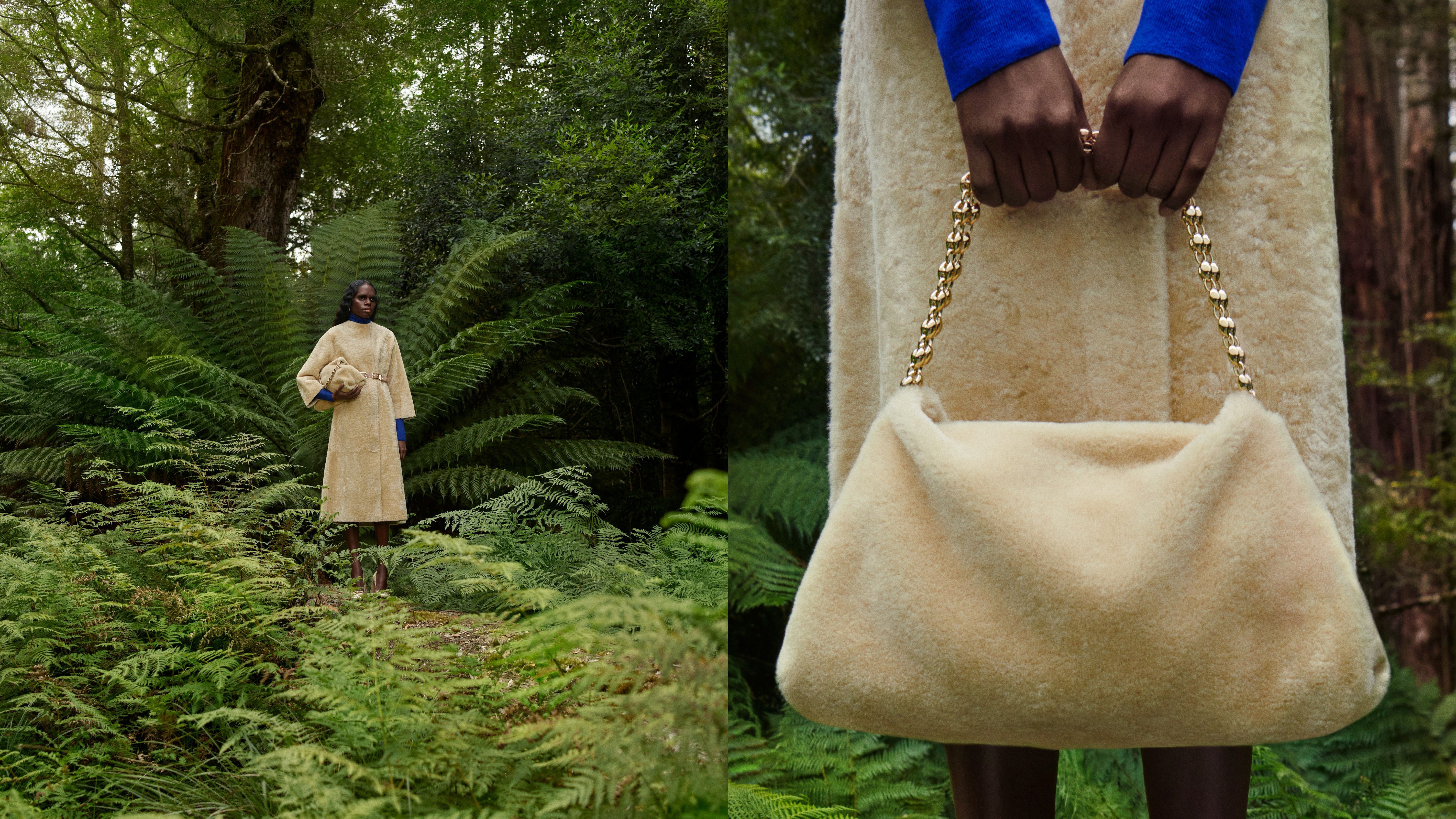 Tarlisa Gaykamangu standing in the forest wearing a yellow shearling coat with matching bag
