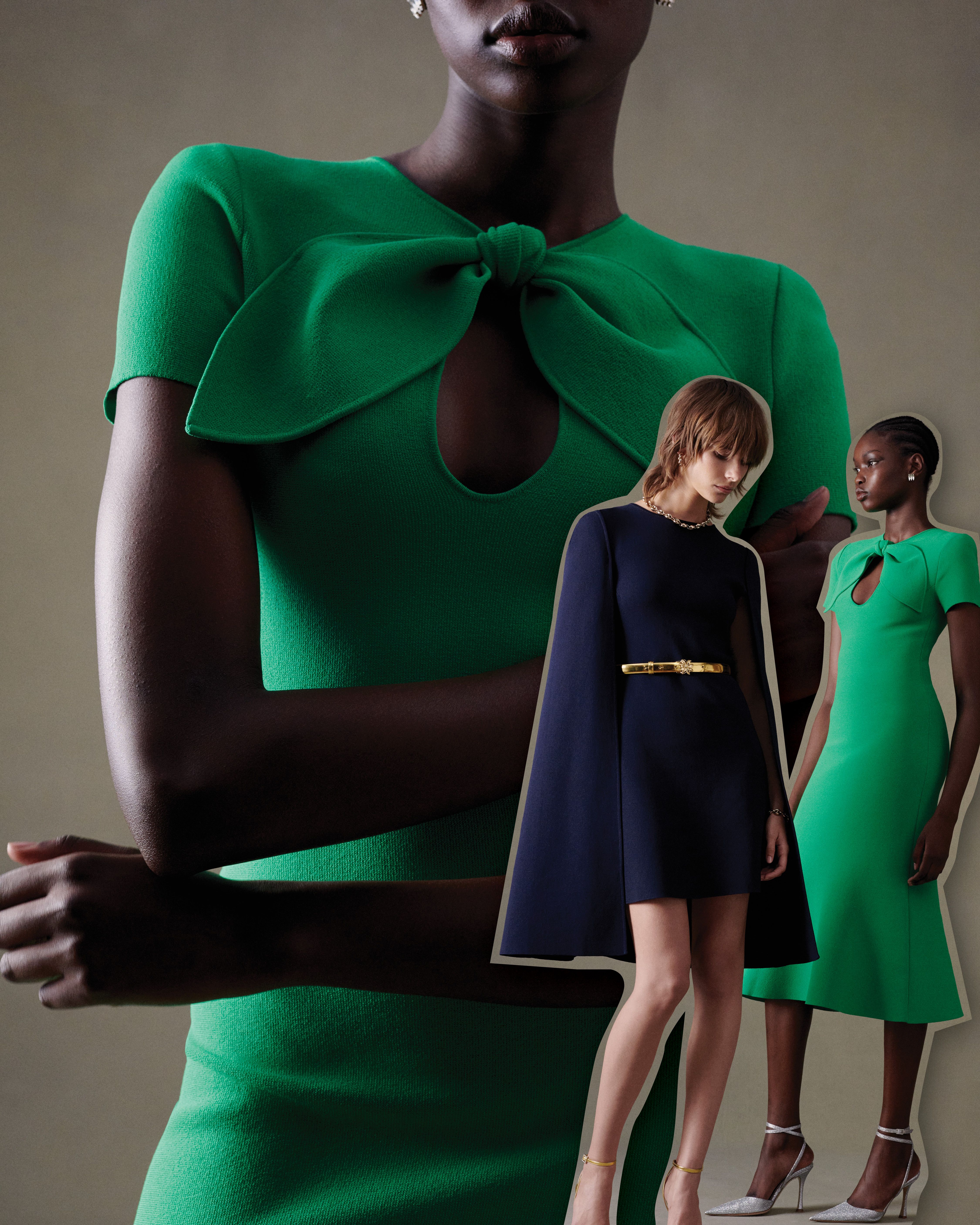 Torso shot of model wearing an emerald Crepe Knit dress with two cut out images of the emerald dress and navy Crepe Knit dress