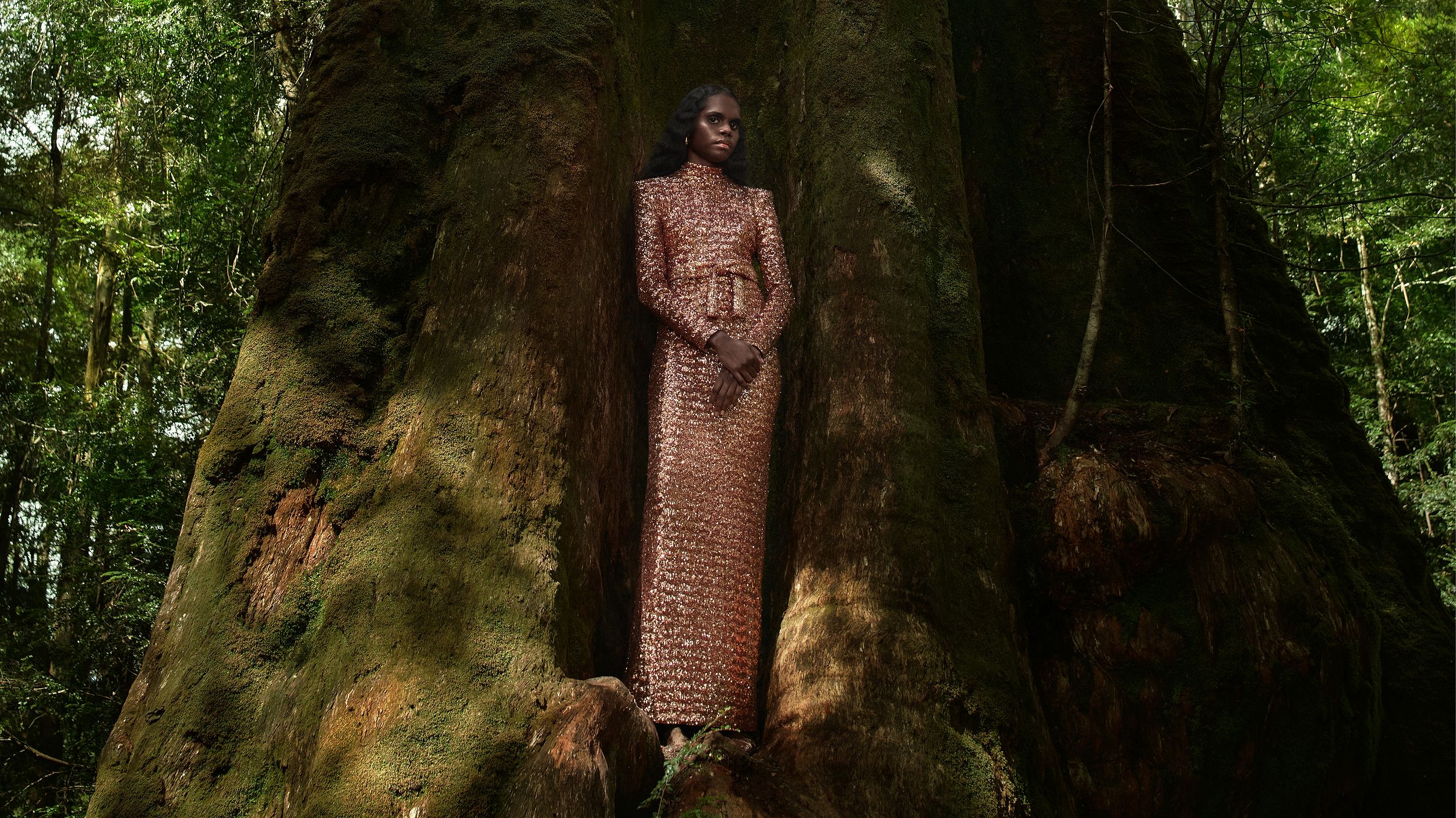 Tarlisa standing in the crook of a tree wearing a bronze-coloured sequinned gown.