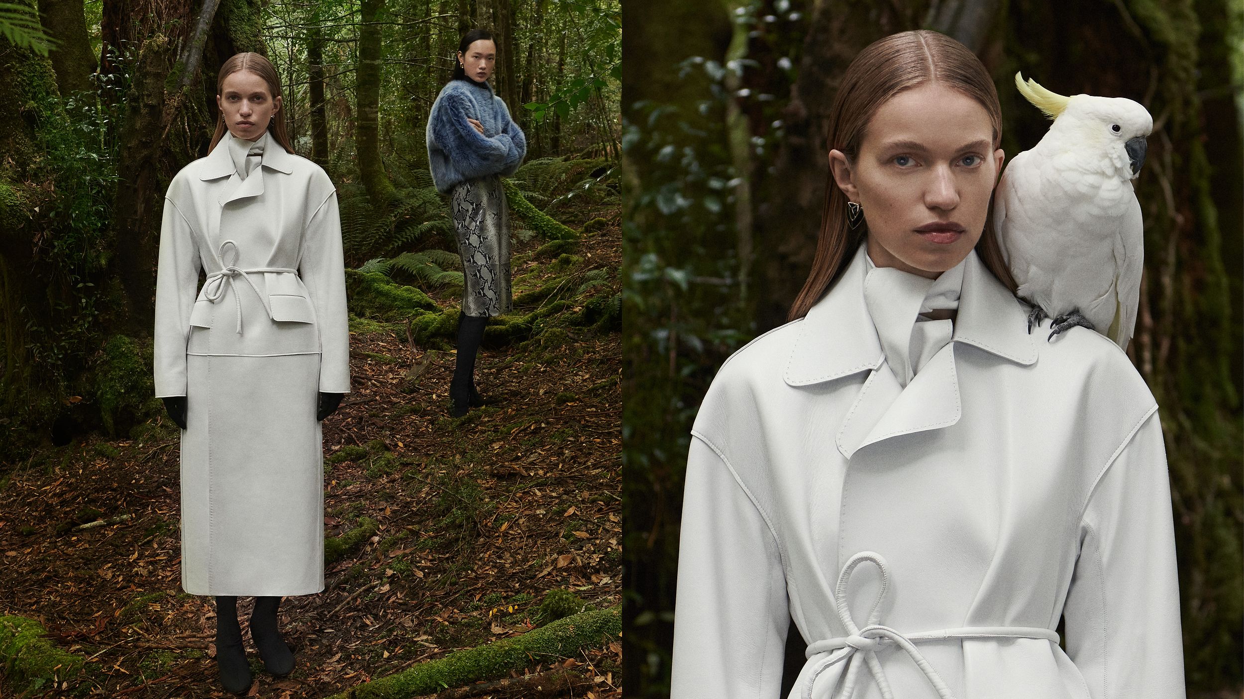 Sabine Glud standing in the forest wearing a white leather jacket with a cockatoo perched on her shoulder