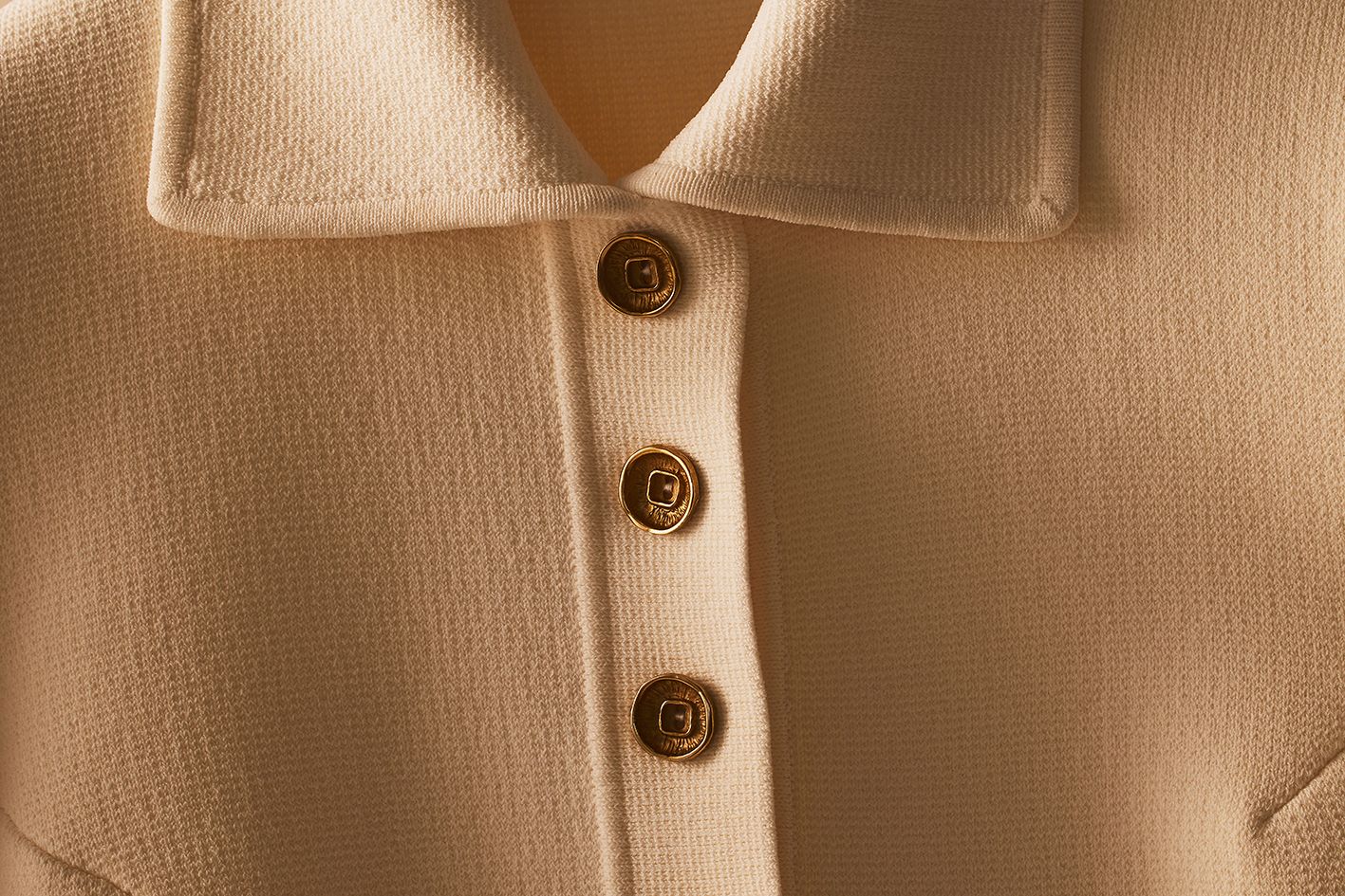 Scanlan Theodore crepe knit with close detailed view of collar and button detail.