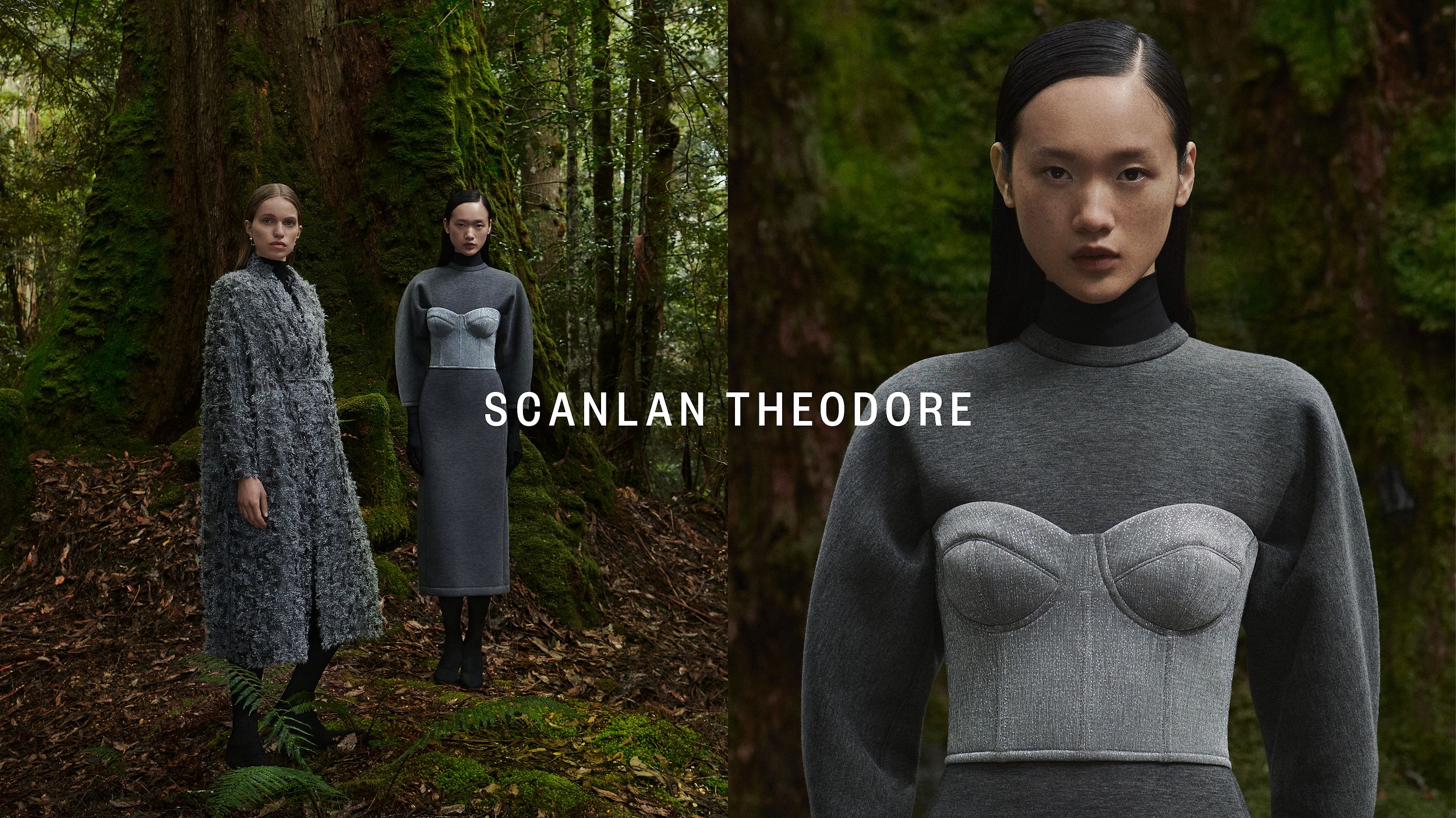 Venus He wearing a charcoal long-sleeved dress with silver bustier on top and Sabine Glud wearing a shimmery opera coat