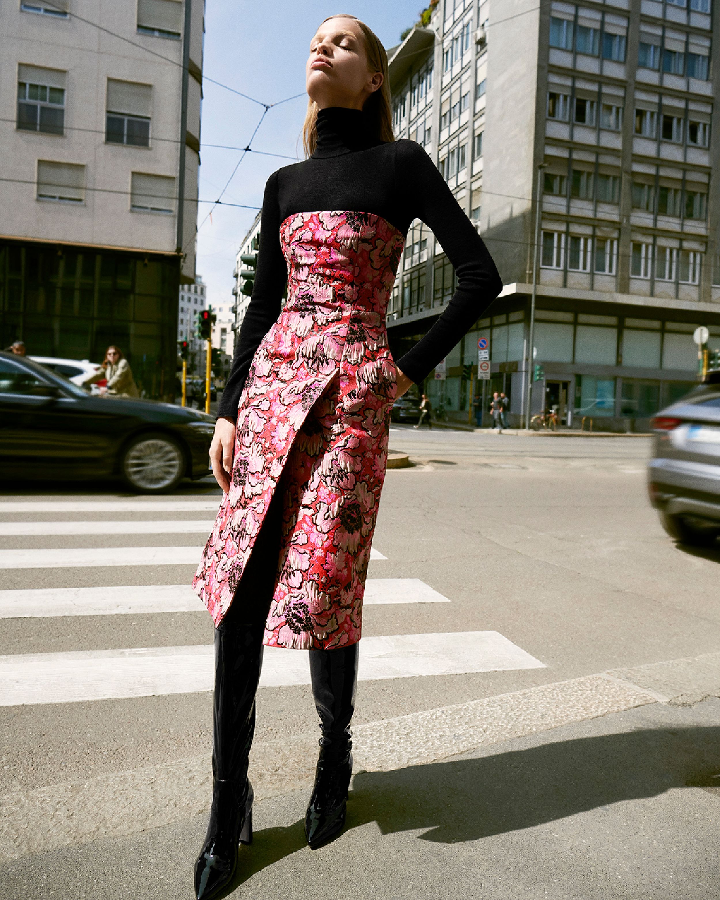 Video of model crossing street in Pink Floral Brocade Pencil Dress - Winter 2023 Part 2