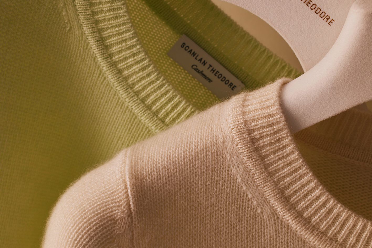 Scanlan Theodore cashmere with close detailed view of collar in soft sorbet tones.
