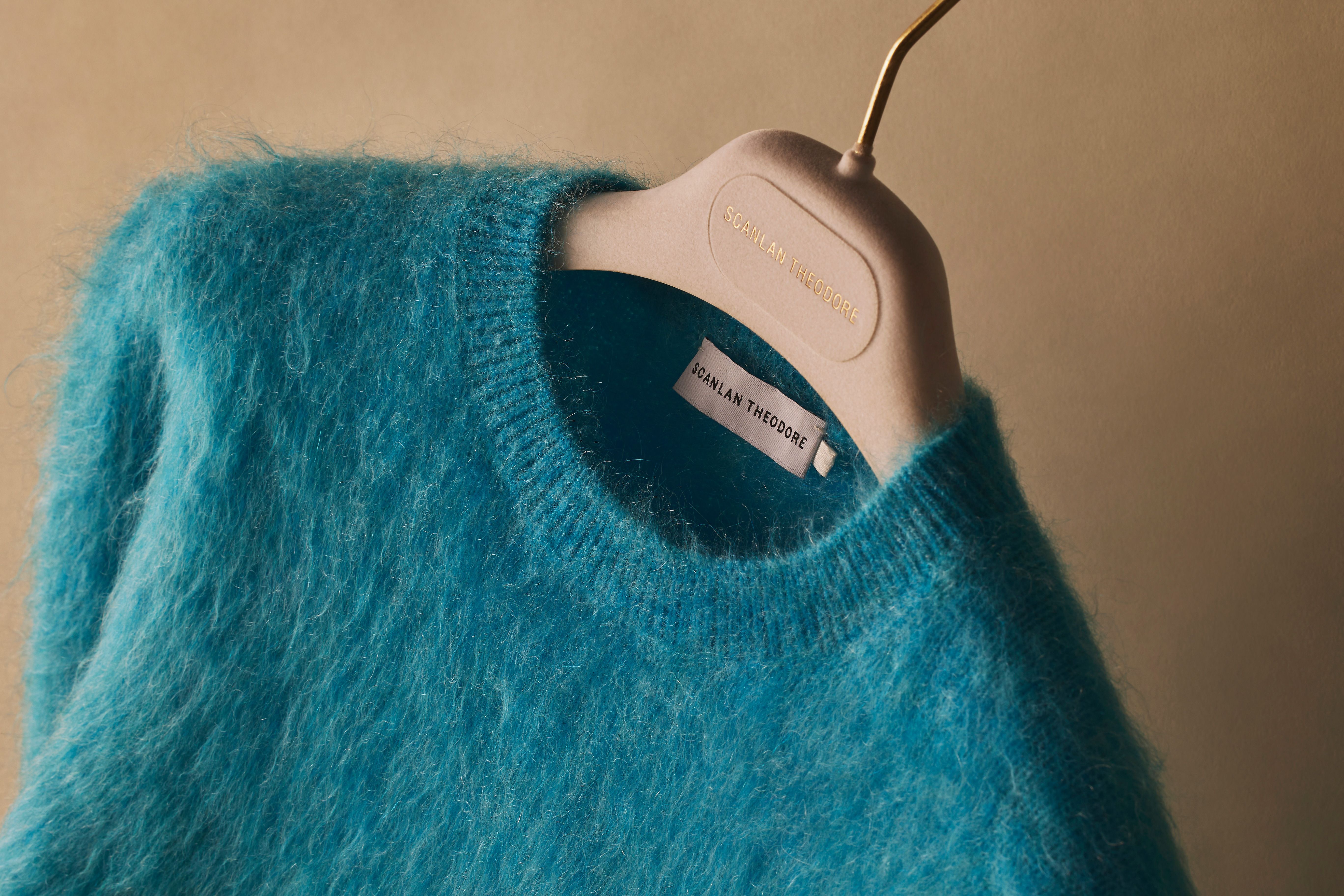 Scanlan Theodore brushed mohair sweater with close up of textured detail, collar and label.