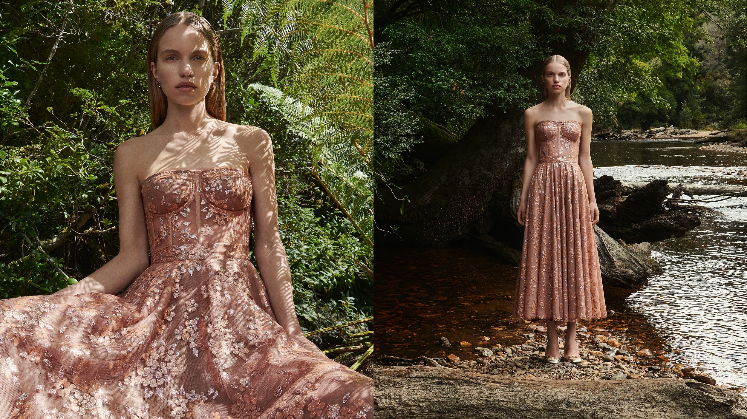Two images side-by-side of Sabine Glud wearing a shimmery apricot bustier and skirt sitting in the forest (left) and standing by the river (right)