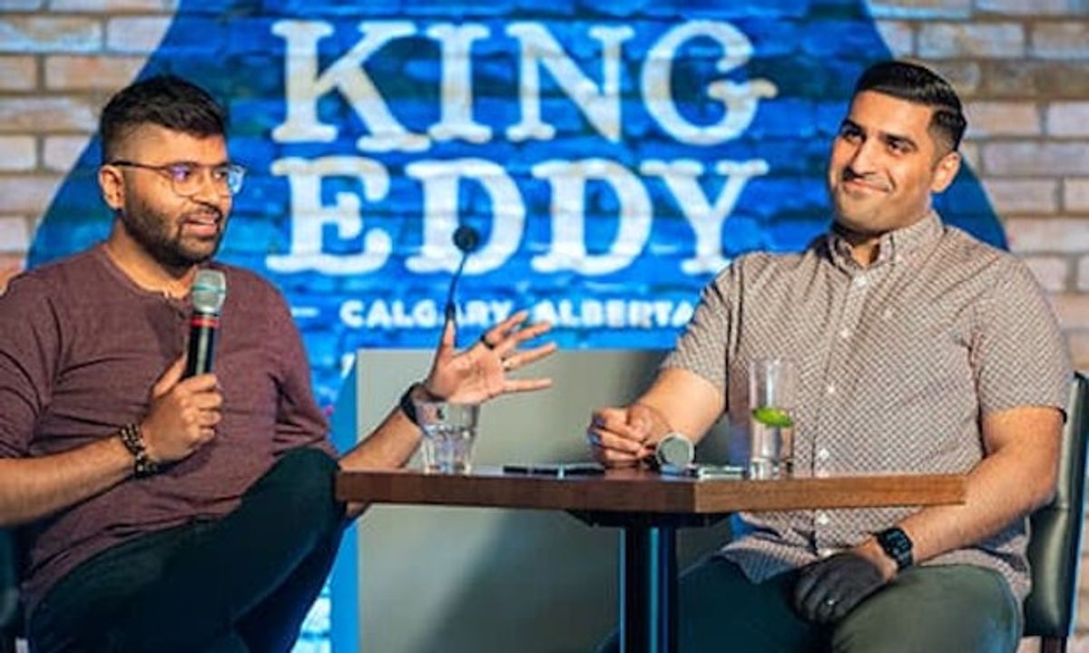 Two guests recording the Marketing News Canada podcast