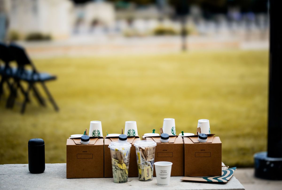 Coffee served on a table at a conference break