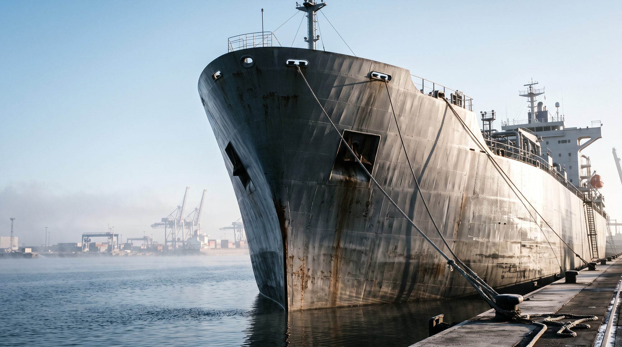 Massive bulk carrier at berth in cool morning light