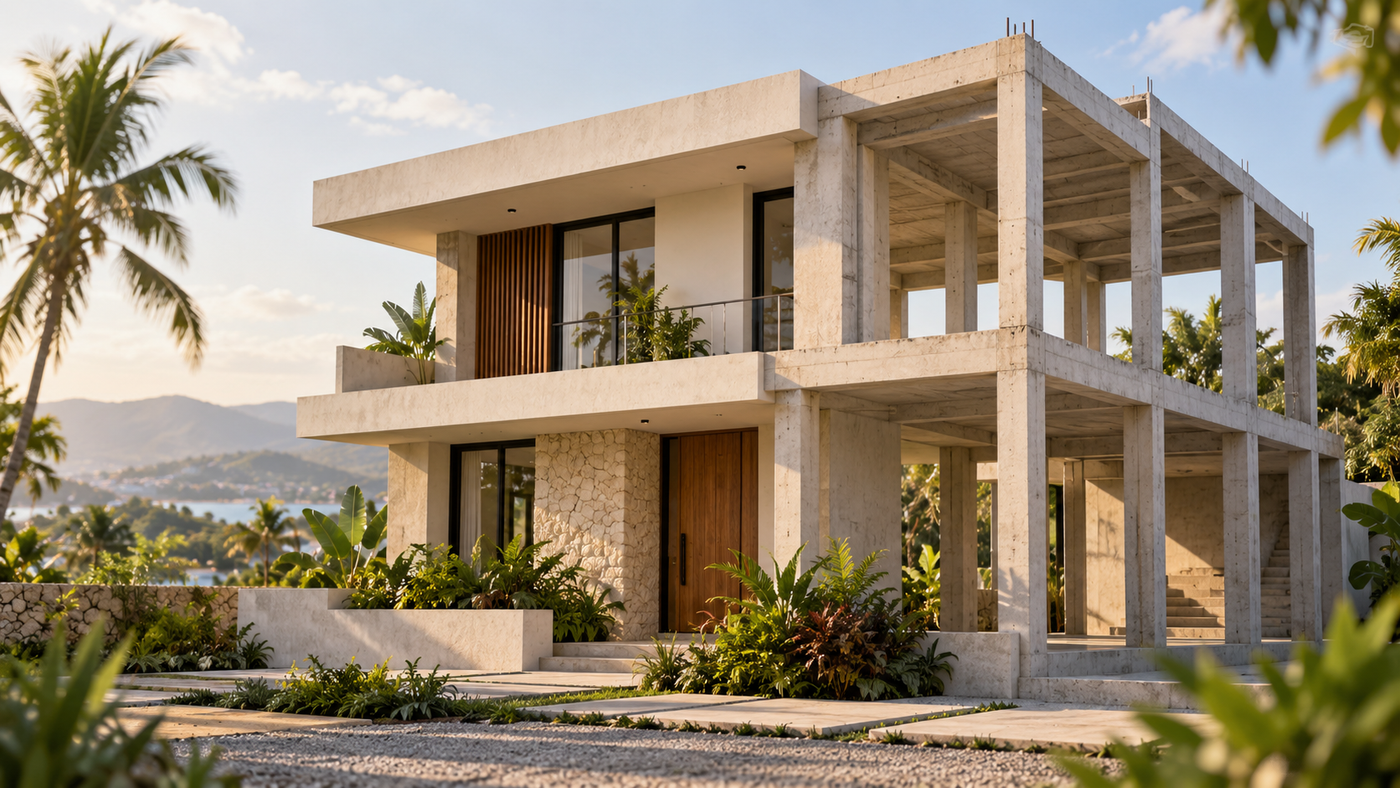 Ilustración conceptual de una vivienda tropical con parte de su estructura de concreto visible