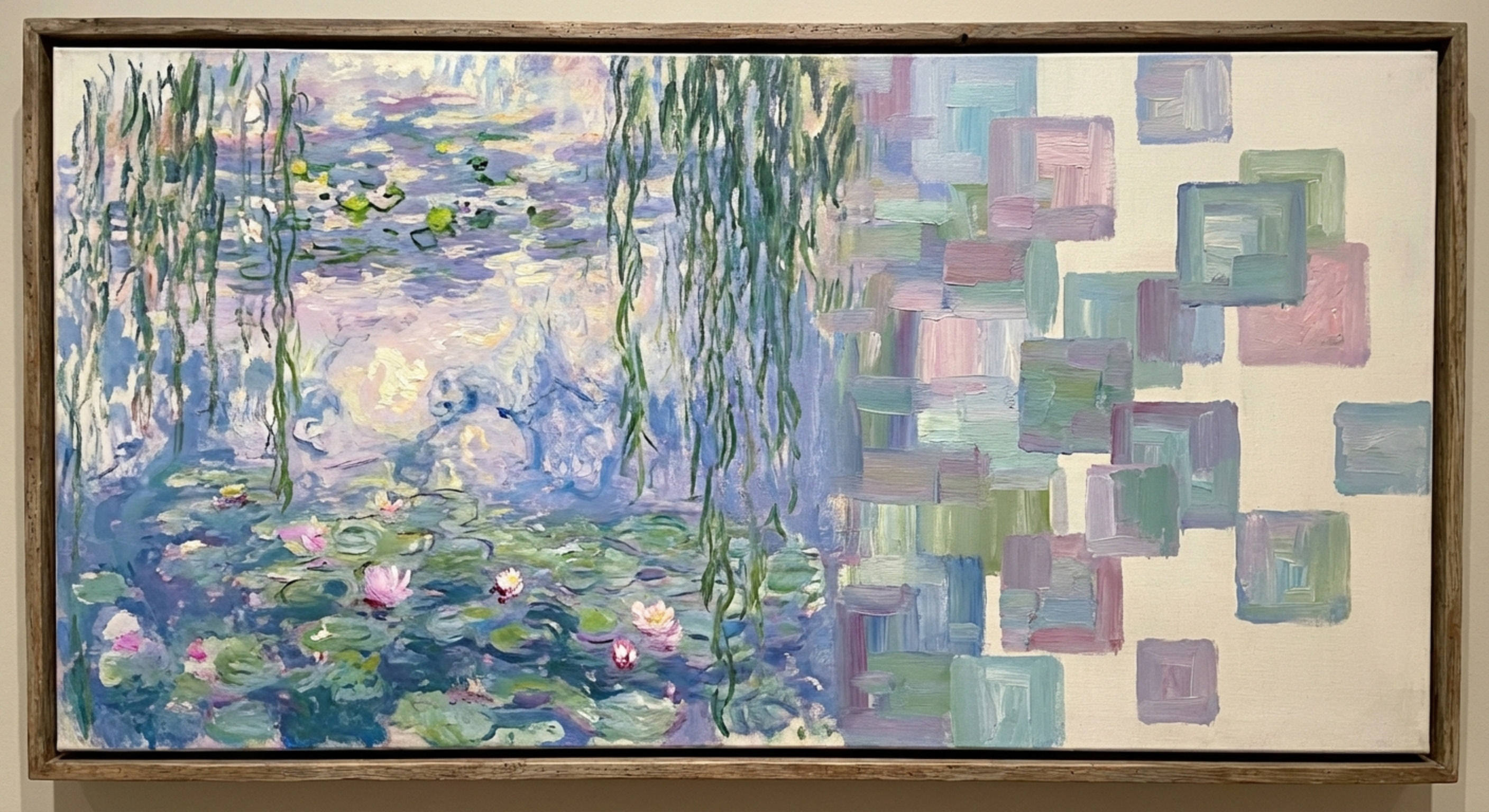 Impressionist painting transitioning from water lilies to abstract geometric squares"