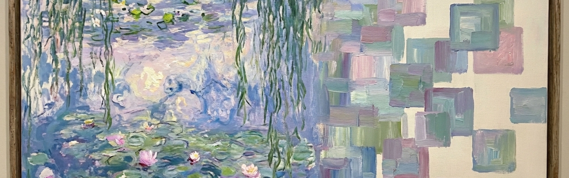 Impressionist painting transitioning from water lilies to abstract geometric squares"