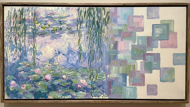 Impressionist painting transitioning from water lilies to abstract geometric squares"