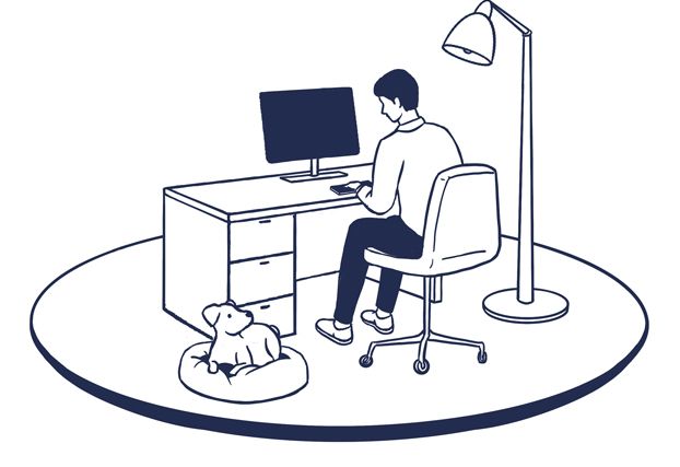 Dark blue line drawing of a male using a desktop computer on a desk with an overhead lamp sat next to his dog