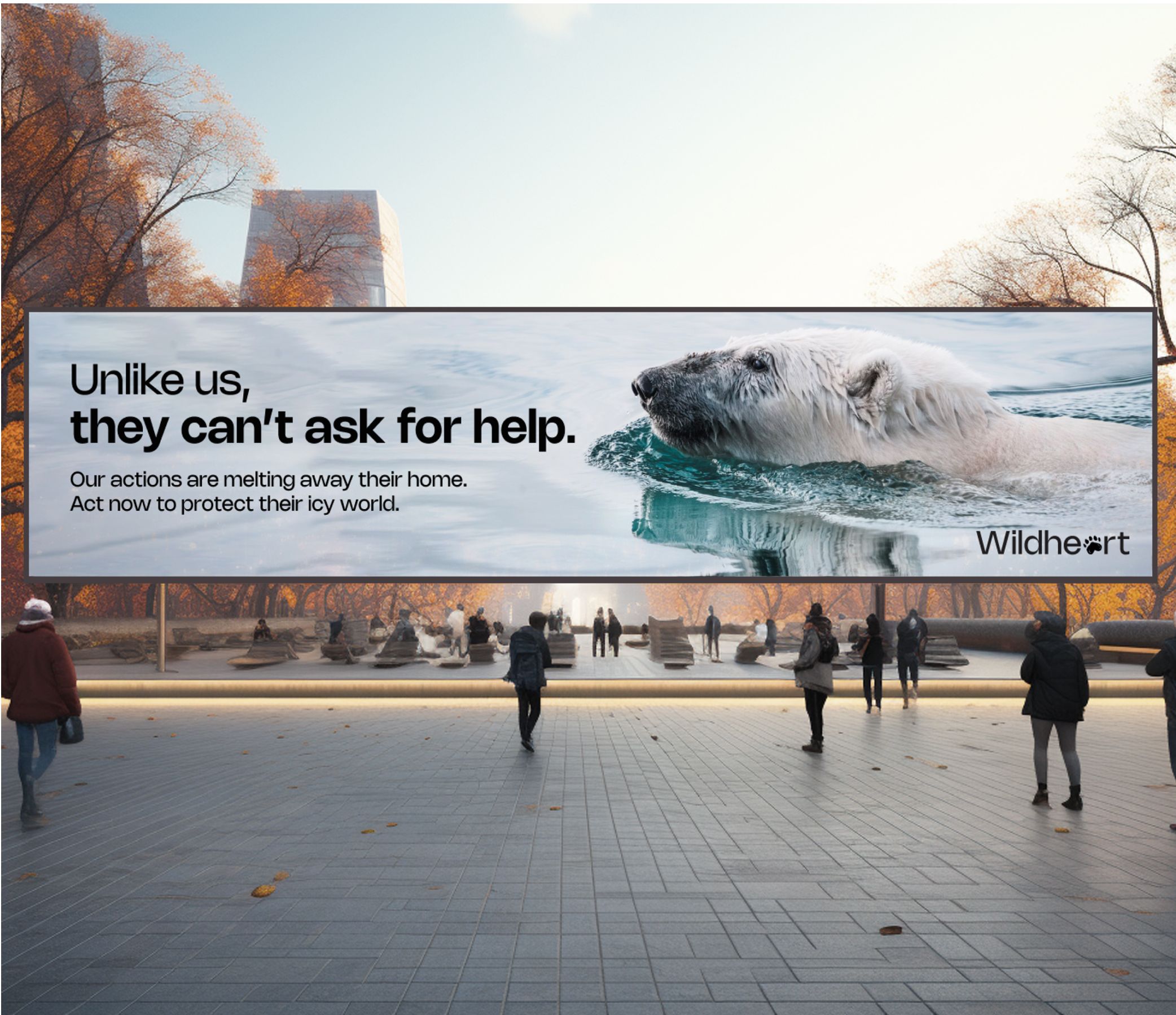 Image of a digital billboard showing a Wildheart ad in a crowded square