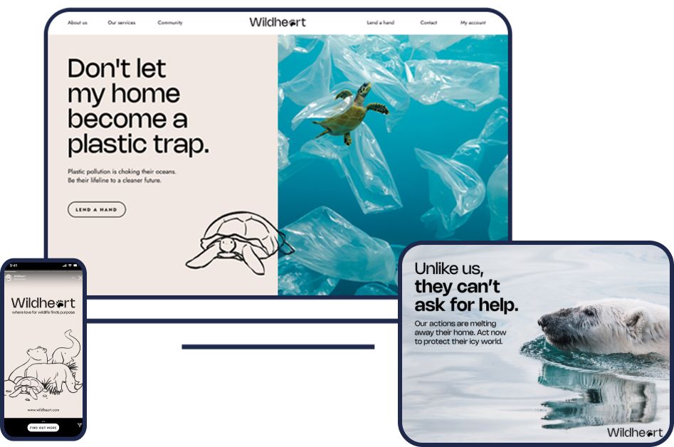 Illustrations of a mobile, tablet device showing a video ads for Wildheart and a desktop screen showing the Wildheart website