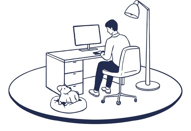 Dark blue line drawing of a male using a desktop computer on a desk with an overhead lamp sat next to his dog