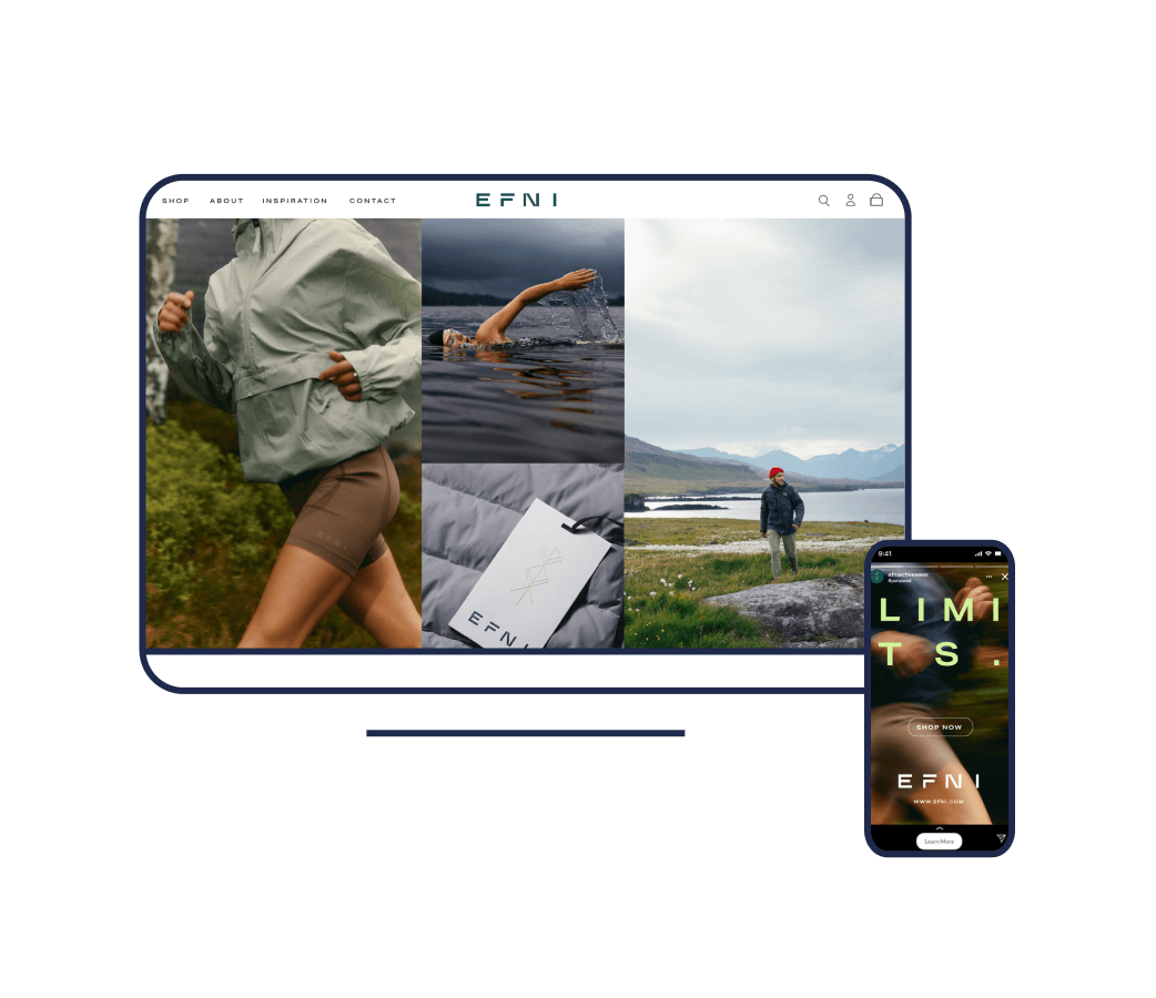 An illustration of a desktop screen showing the Efni website alongside a mobile screen showing a social story by Efni