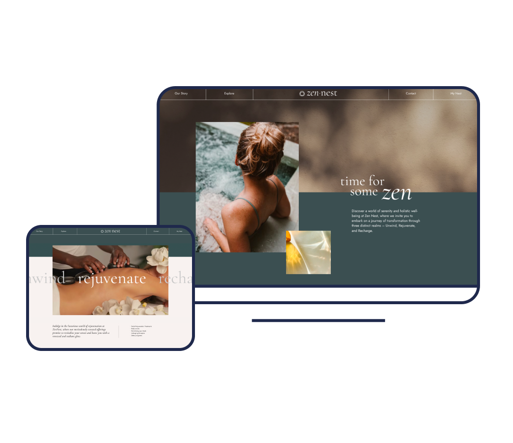 A blue line illustration of a tablet and desktop screen showing the Zen Nest website