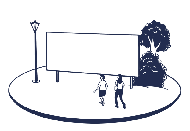 Dark blue line drawing of a male and female walking past a billboard next to an old style lamp post