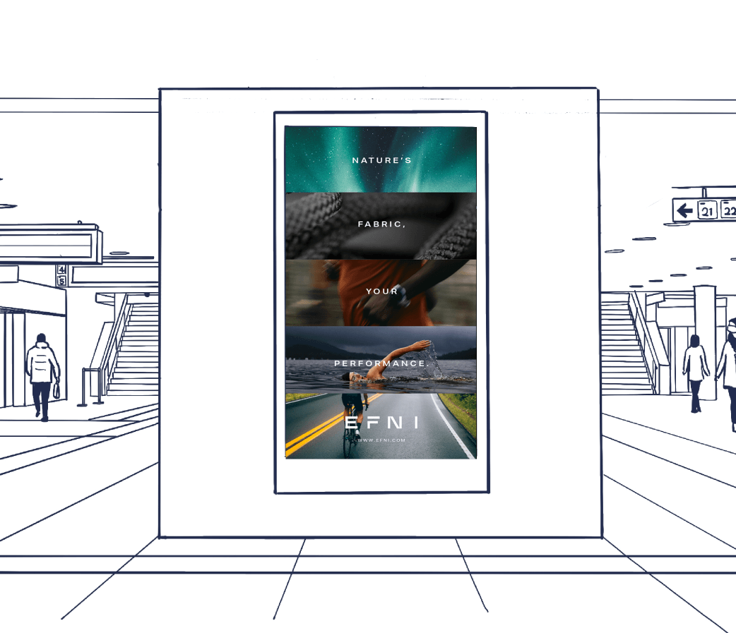 An illustration showing an Efni digital out-of-home ad in a subway station