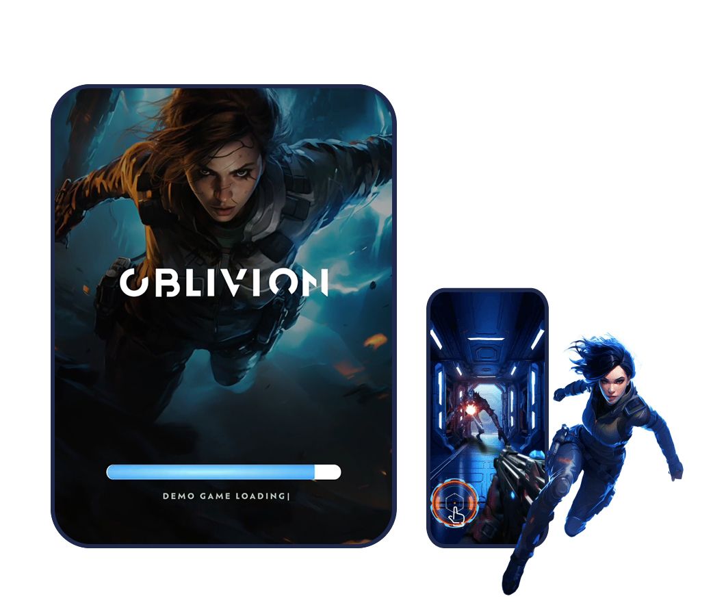 Illustrations of a tablet and mobile device showing the Oblivion game with a game character next to them
