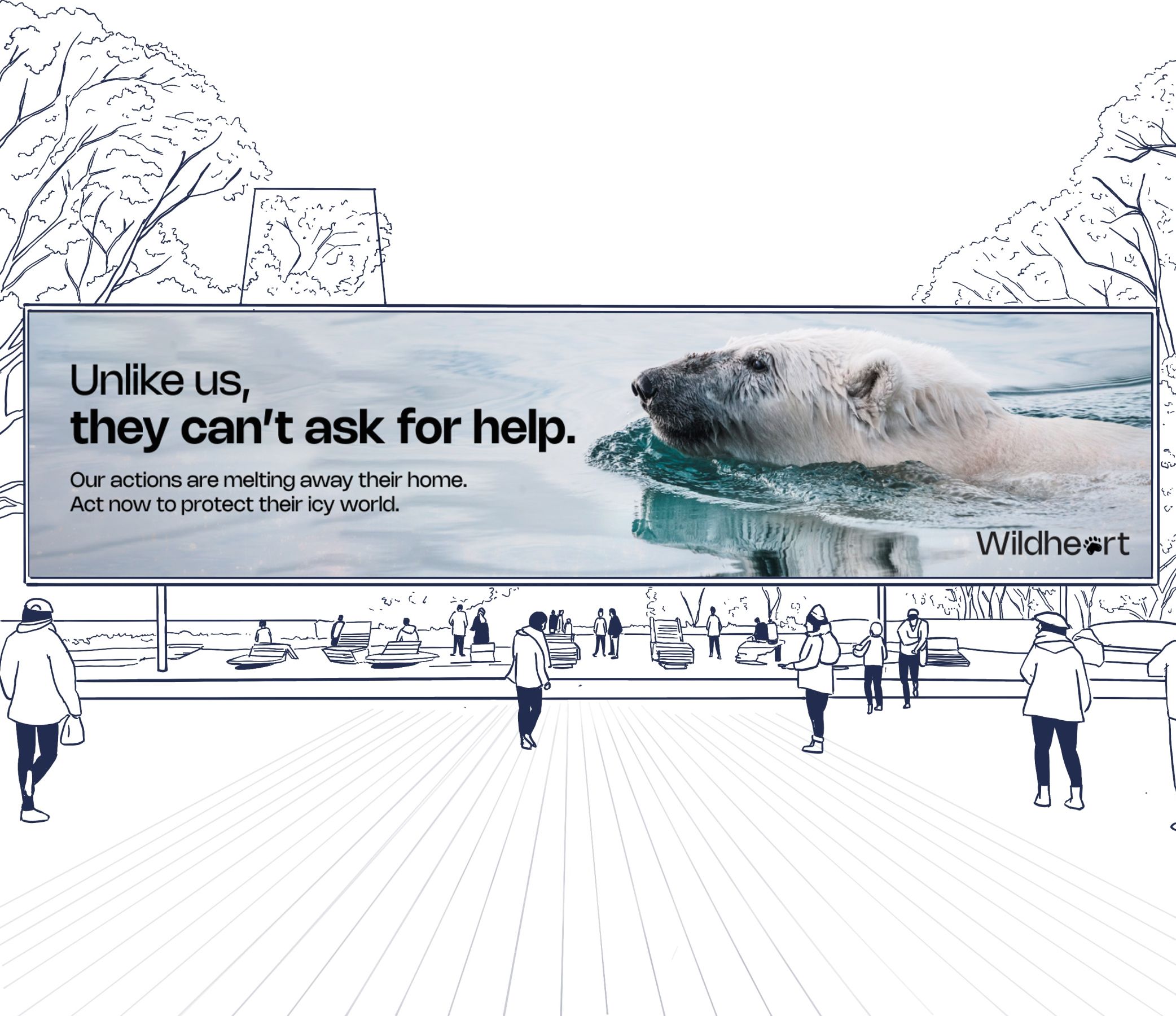 Illustration of a digital billboard showing a Wildheart ad in a crowded square
