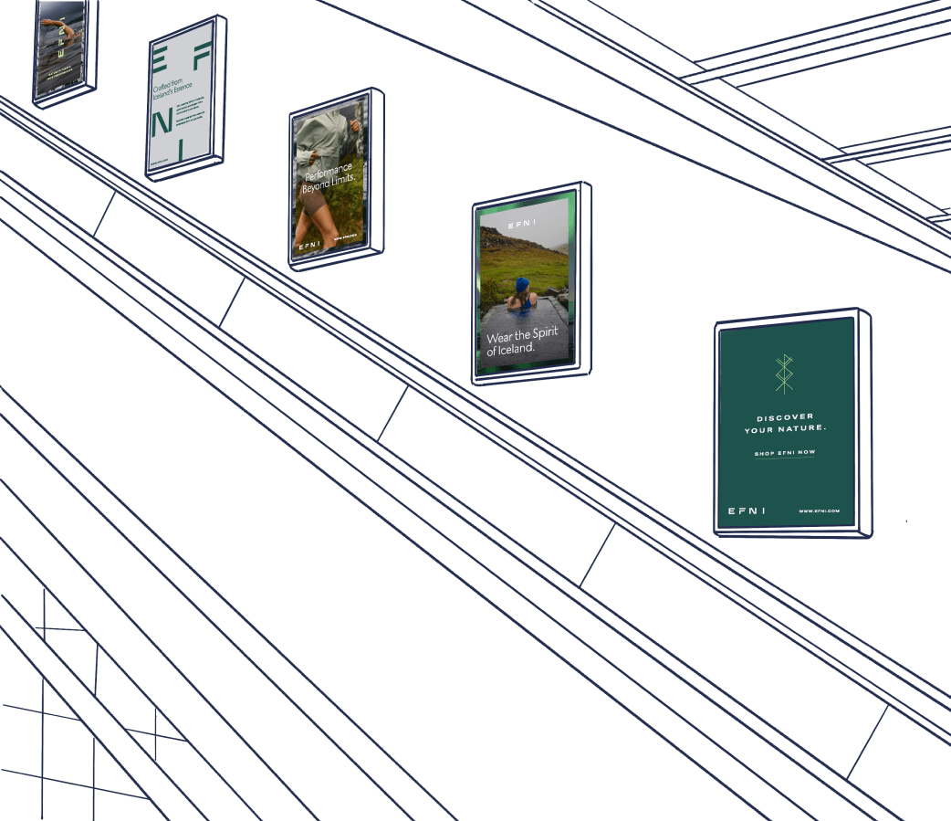 An illustration of Efni out-of-home ads along the side of an escalator