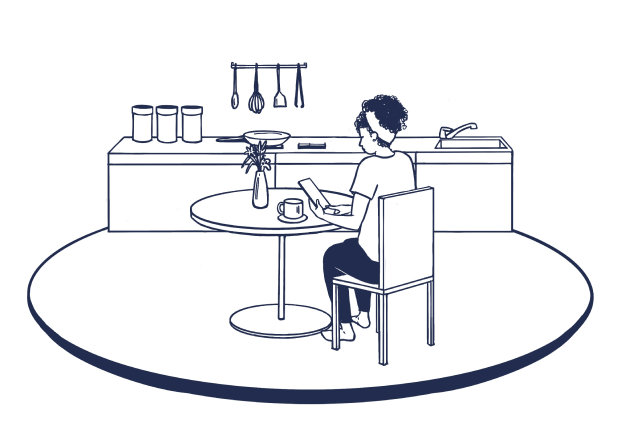 Dark blue line drawing of a female using a mobile phone at her kitchen table