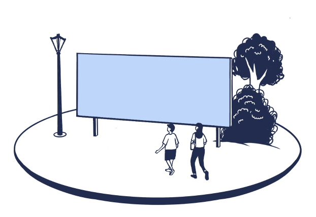 Dark blue line drawing of a male and female walking past a billboard next to an old style lamp post