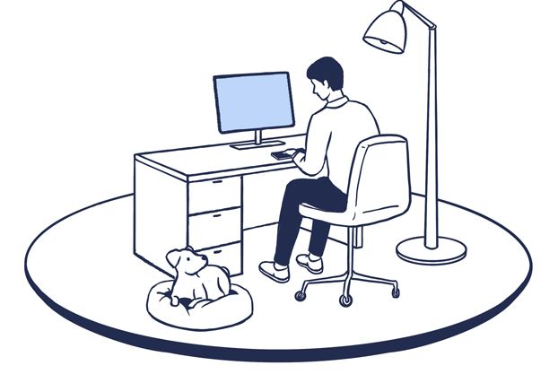 Dark blue line drawing of a male using a desktop computer on a desk with an overhead lamp sat next to his dog