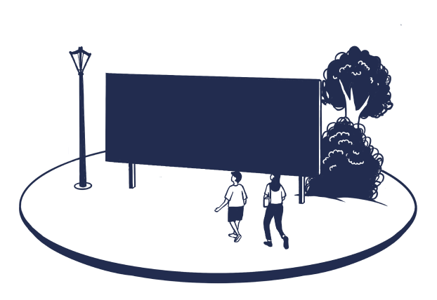 Dark blue line drawing of a male and female walking past a billboard next to an old style lamp post