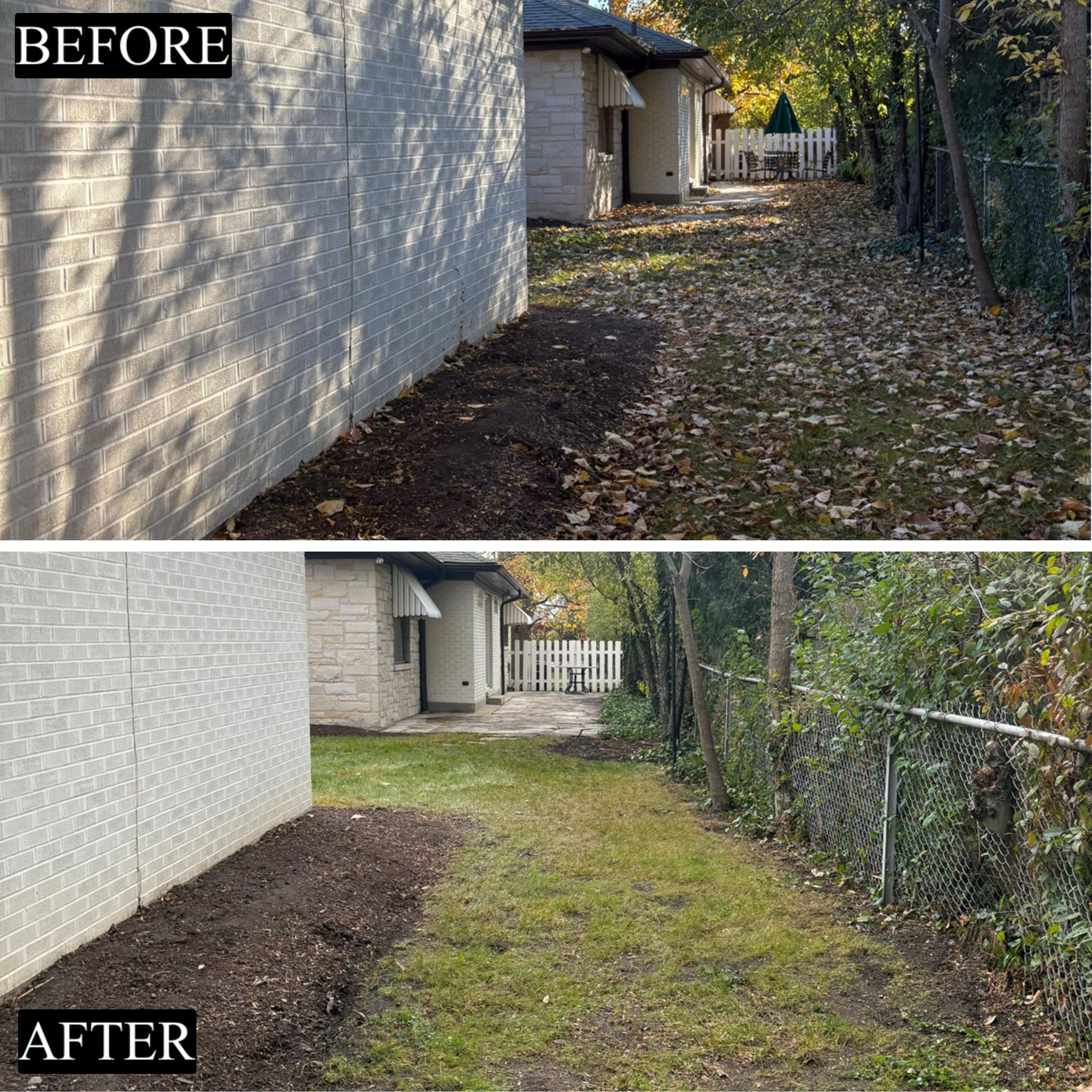 Before and after fall cleanup - side path clearing, Winnetka IL