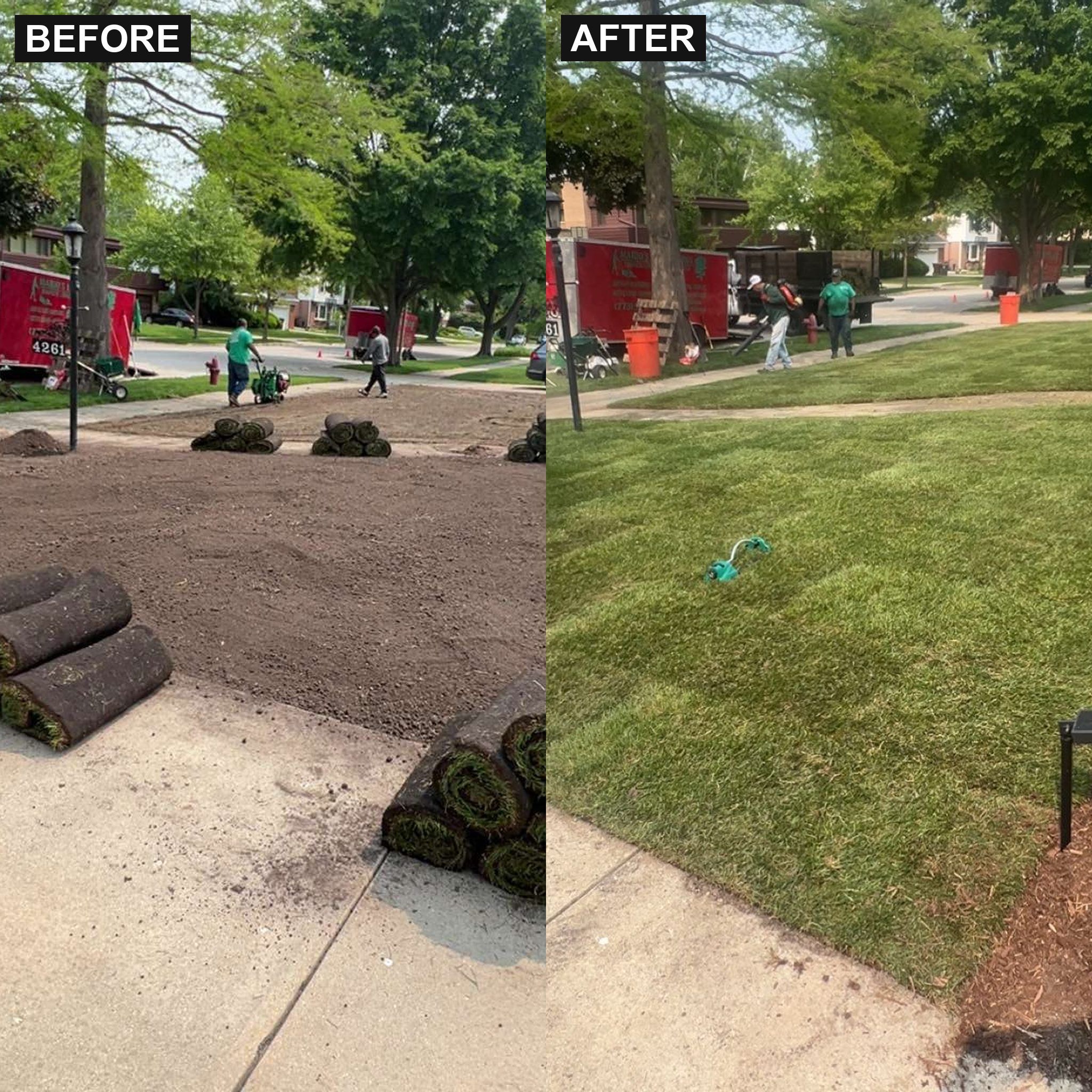 Before and after sod installation - front yard new lawn, North Shore Chicago