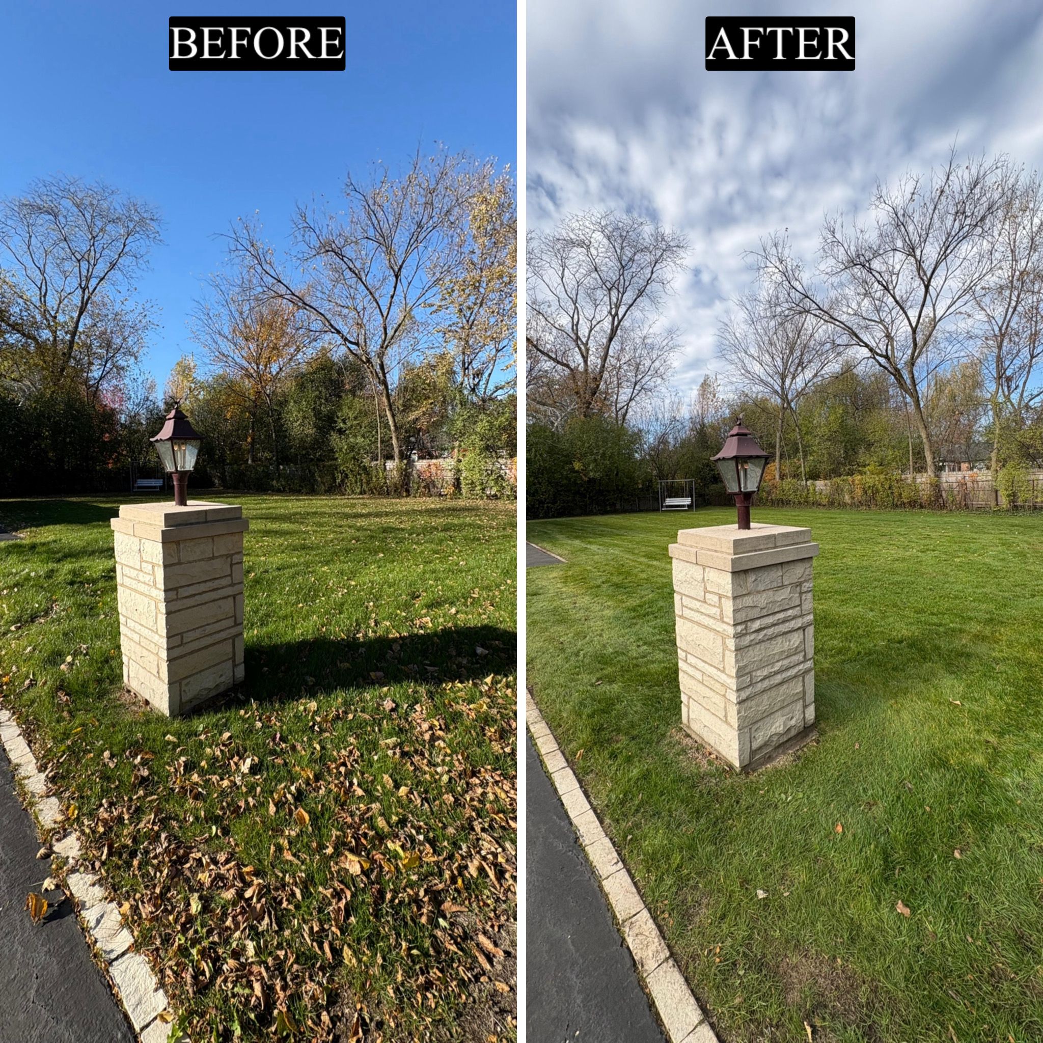 Before and after fall cleanup - front entrance with lamp post, Winnetka IL