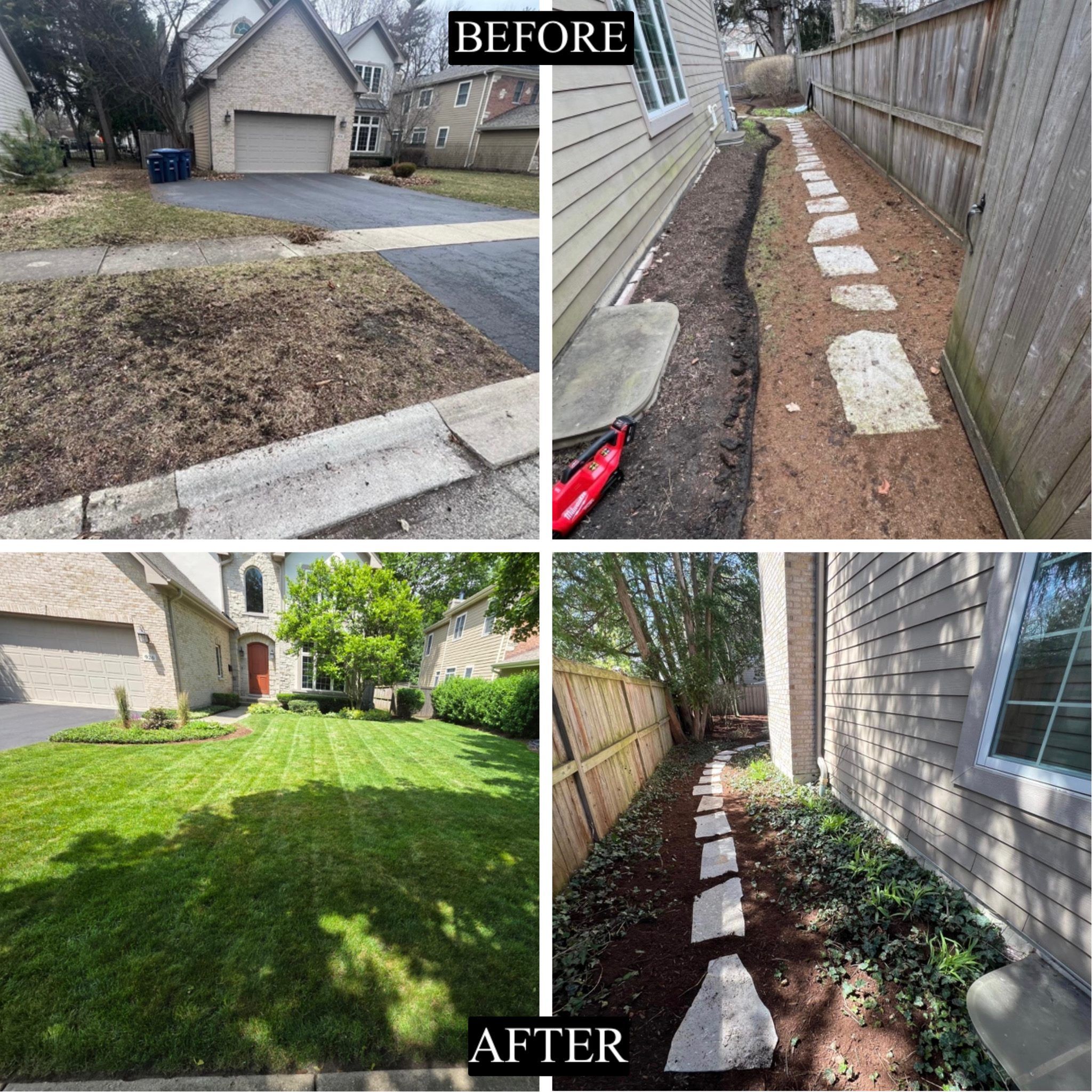 Before and after - Deerfield full property, dead lawn to fresh sod and plantings