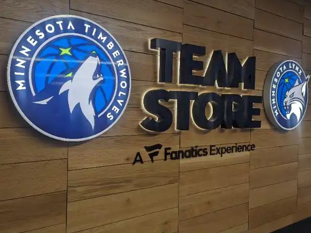 The Timberwolves and Lynx team store signage inside Target Center in Minneapolis.
