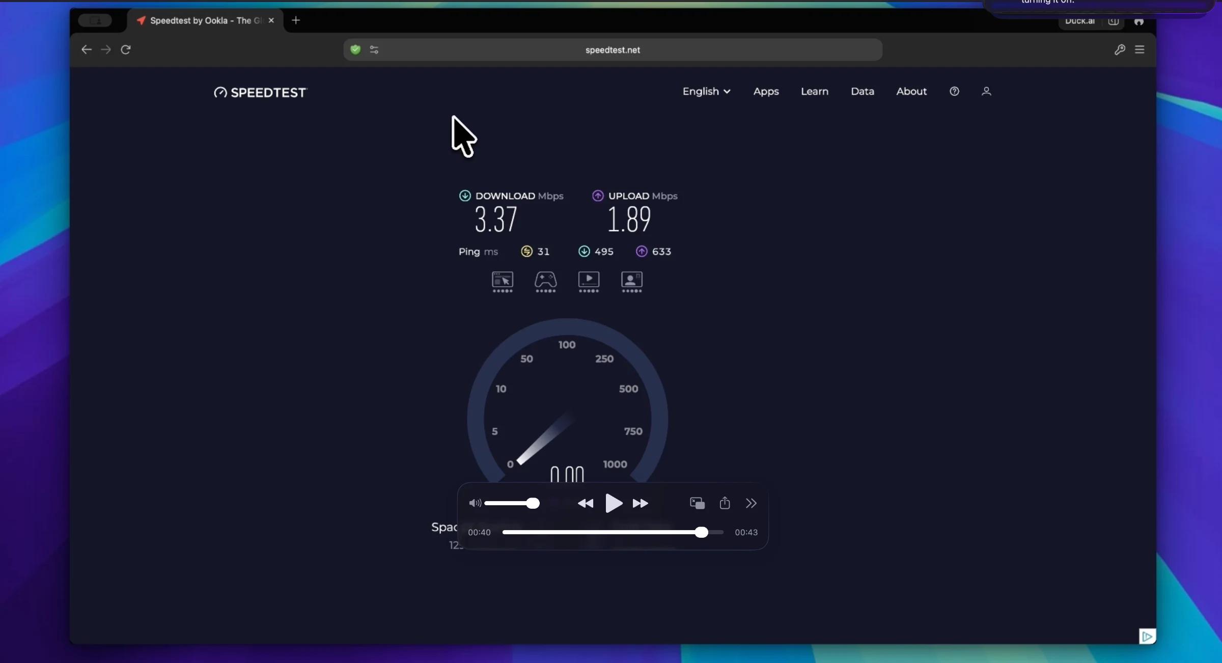Speed test results on Celebrity Silhouette showing 3.37 Mbps download and 1.89 Mbps upload speeds.