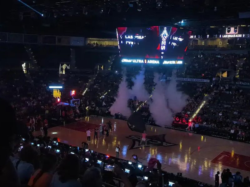Pre-game smoke show at Michelob Ultra Arena in Las Vegas for an Aces game.