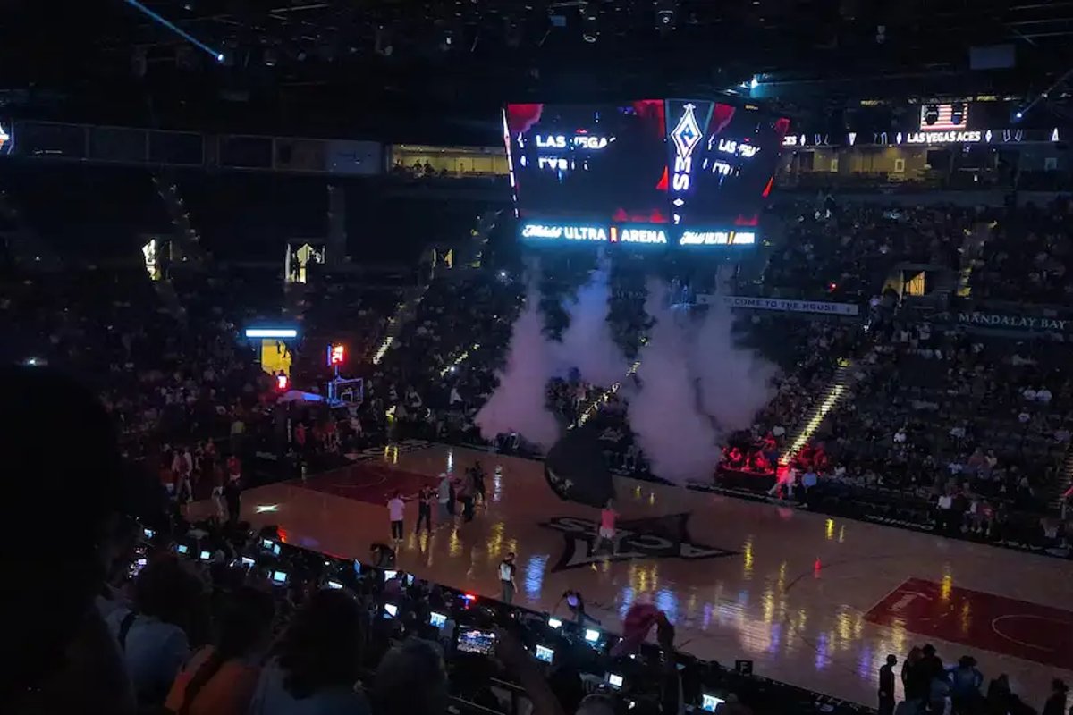 Pre-game smoke show at Michelob Ultra Arena in Las Vegas for an Aces game.