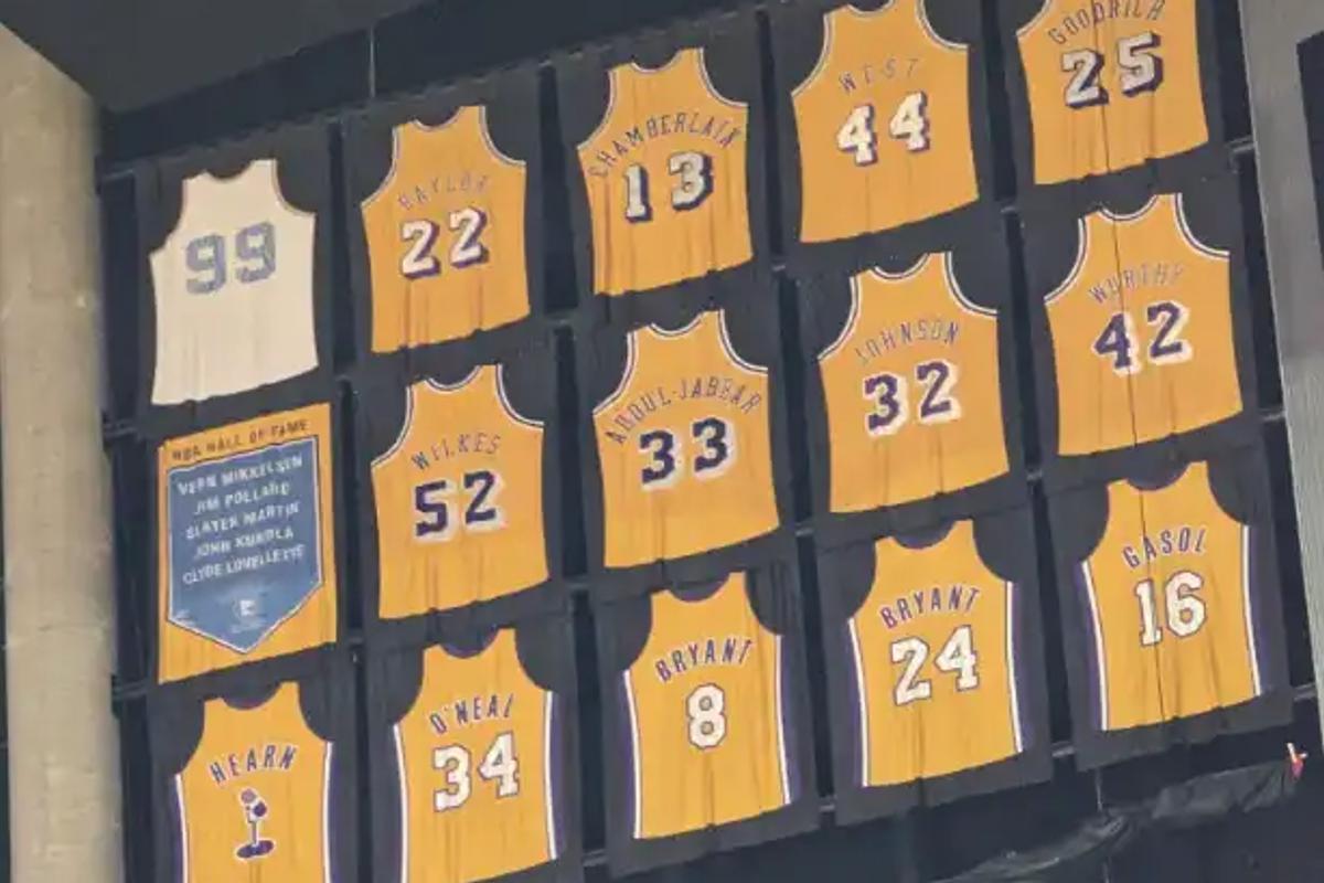 Retired jerseys hanging from the rafters at Crypto.com Arena in Los Angeles.