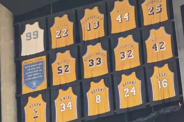 Retired jerseys hanging from the rafters at Crypto.com Arena in Los Angeles.