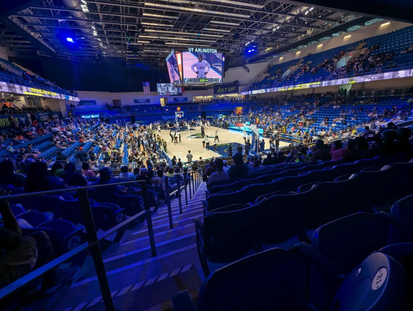 View from the stands at College Park Center in Arlington during a Dallas Wings game.