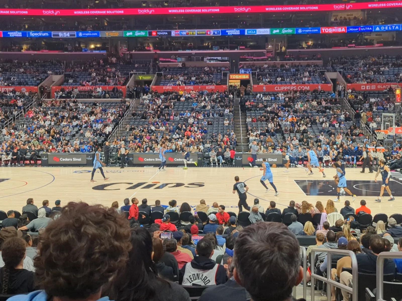 Courtside view at Crypto.com Arena in Los Angeles during a Clippers game.