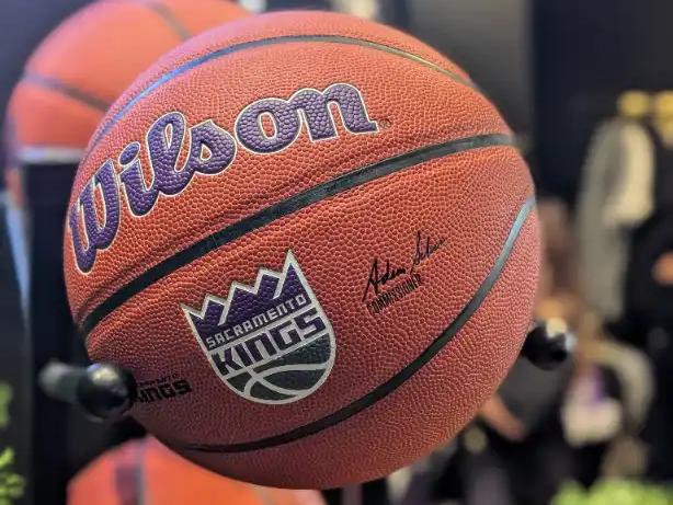 Sacramento Kings basketballs on display at Golden 1 Center.