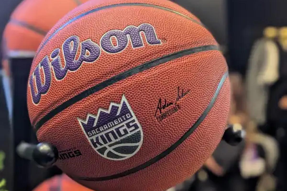 Sacramento Kings basketballs on display at Golden 1 Center.