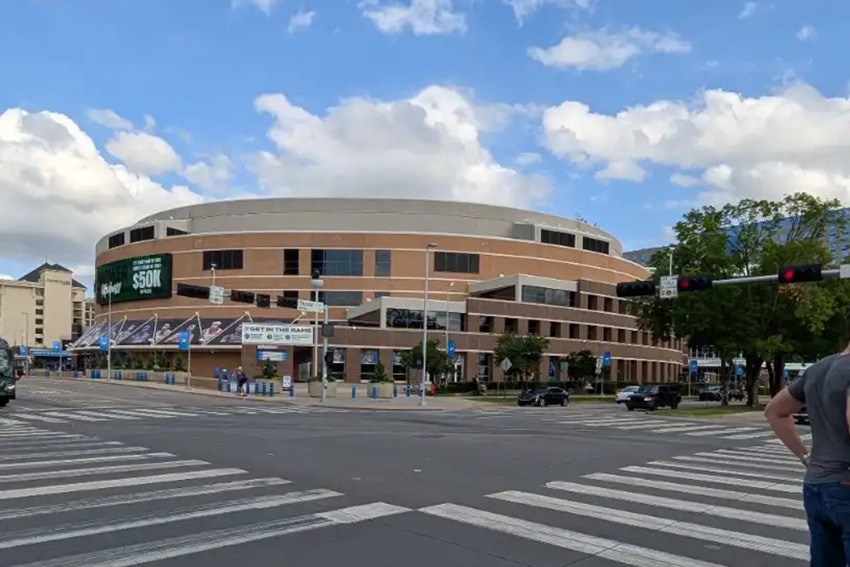 Approaching the Paycom Center in Oklahoma City on a sunny afternoon.